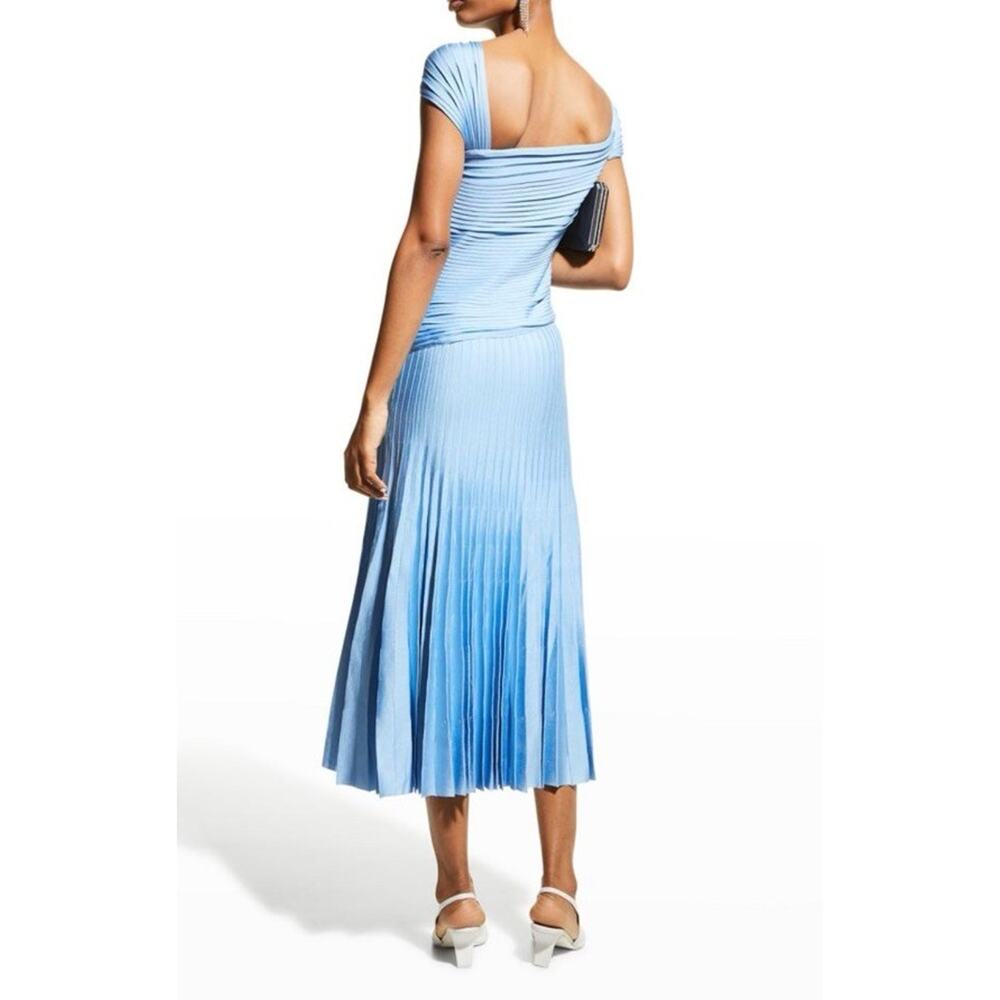 NWT St. John Pleated One Shoulder Milano Knit Midi Dress Blue Sz 16 $2495 - Picture 4 of 10